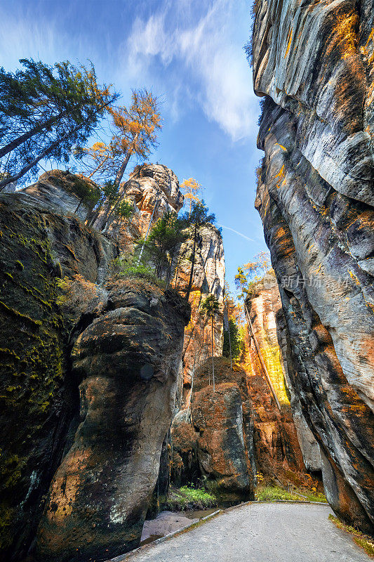 捷克共和国Adrspach-Teplice Rocktown国家公园的巨石间小路